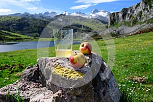 Glass of natural Asturian cider made fromÂ fermented apples with view on Covadonga lake and tops of Picos de Europa mountains,